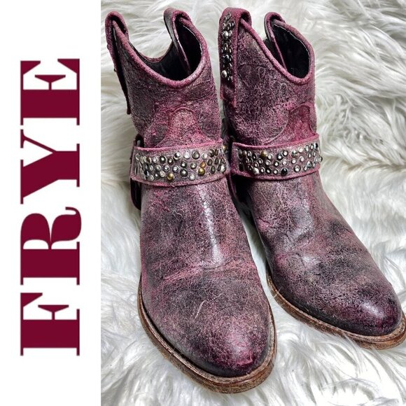 FRYE Deborah Studded Short Cowboy Western Boots Distressed Harness Pink, Size 8 - Picture 4 of 13